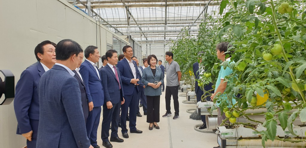 2. 윤병길의장 및 의원들이 토마토재배 농가를 방문하여 설명을 듣고 있다.